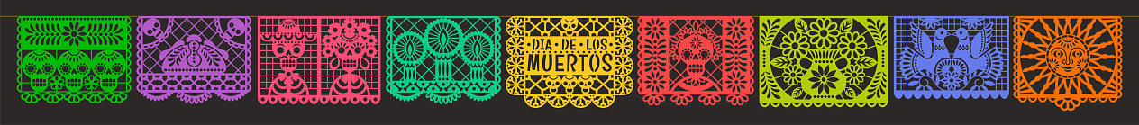 Vector horizontal banner with traditional Mexican paper cutting flags. Isolated on black background.