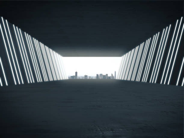 istock Empty room, Product showcase background, Long corridor with light glow and city background.3D rendering. 1164561435