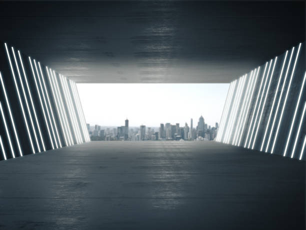 istock Empty room, Product showcase background, Long corridor with light glow and city background.3D rendering. 1164561439