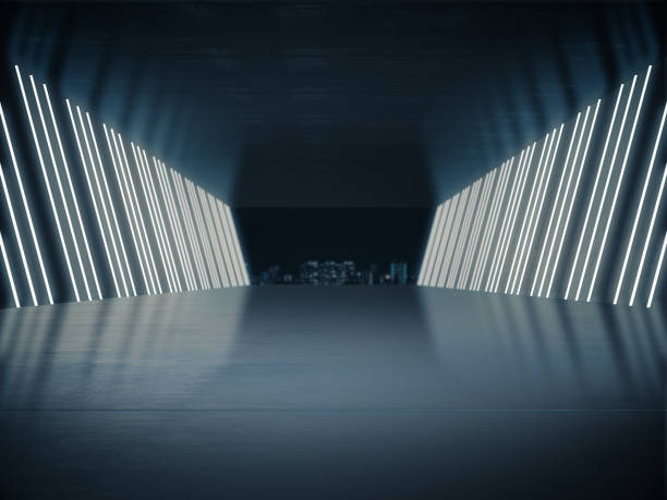 istock Empty room, Product showcase background, Long corridor with light glow and night city background.3D rendering 1164561466