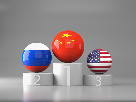 Superpower country flag America, China, Russia, business war concept.3D rendering