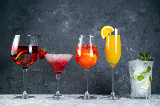istock Selection of refreshing summer drinks - mojito, sangria, mimosa, aperol, martini, rustic background 1164563182