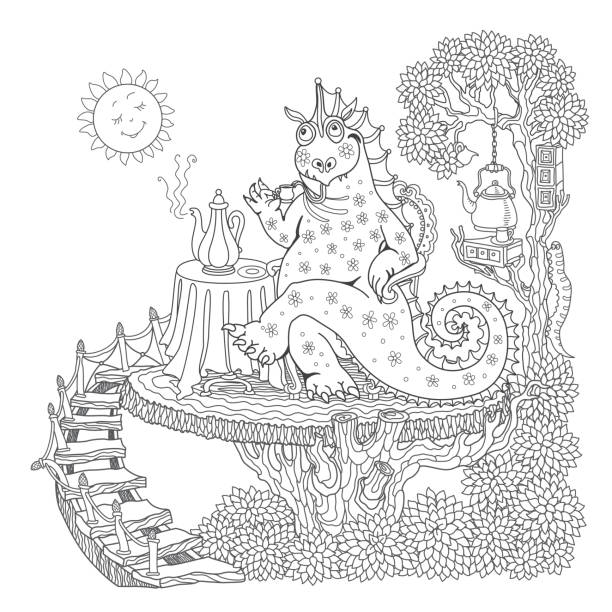 ilustraciones, imágenes clip art, dibujos animados e iconos de stock de divertido dragón de cuento de hadas feliz bebiendo café en la mesa en la mañana. boceto lineal de garabatos en blanco y negro. tee-shirt print, adultos para colorear página de libro, cartel, portada del libro - coffee aromatherapy black black coffee