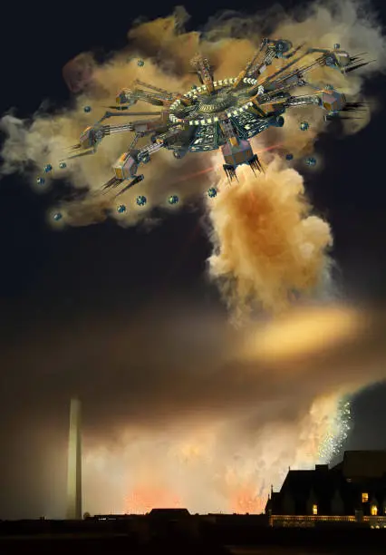 3D Illustration of an alien spaceships and drones over Washington DC firing its primary cloud-weapon, for science fiction backgrounds, futuristic interstellar travel, or fantasy war-games.