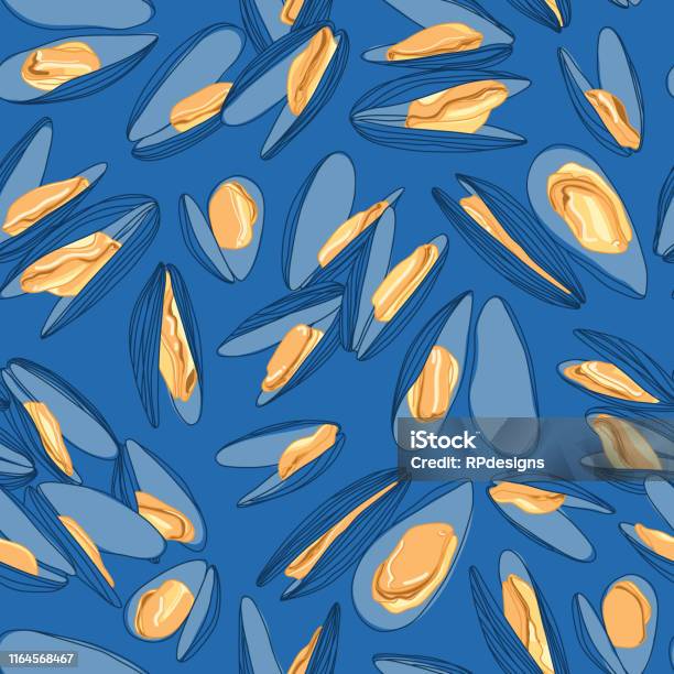 Blue Musels Shell Color Pattern Mussels Detailed Design Seamless Line Pattern On Blue Stock ...
