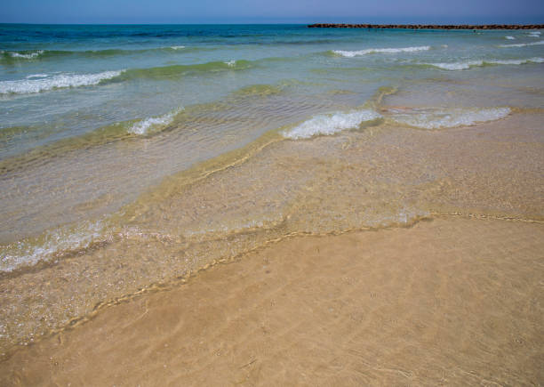 istock Soft blue ocean wave on sandy beach. Bottom. White sand on the beach with turquoise water in Djerba, Tunisia. 1164569559