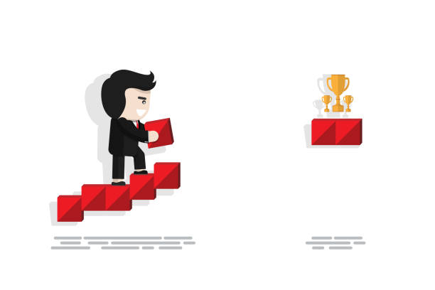 illustrations, cliparts, dessins animés et icônes de homme d'affaires utilisant l'escalier rouge de construction de brique au succès - tyle