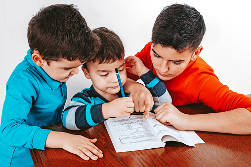 Boy reading book to his brothers