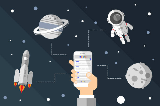 illustrations, cliparts, dessins animés et icônes de main retenant un smartphone dans la page de recherche au sujet de la science et de l'espace - tyle