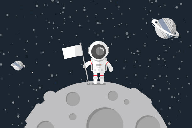 illustrazioni stock, clip art, cartoni animati e icone di tendenza di astronauta in piedi sulla luna con una bandiera - tyle