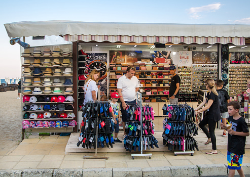 Bulgaria, Sunny Beach - 18 July, 2019: Little gift shop.  Small business of Bulgaria. Little shop on Sunny Beach promenade.