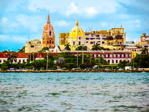 Walled city view from sea wall in Cartagena Colombia stock photo