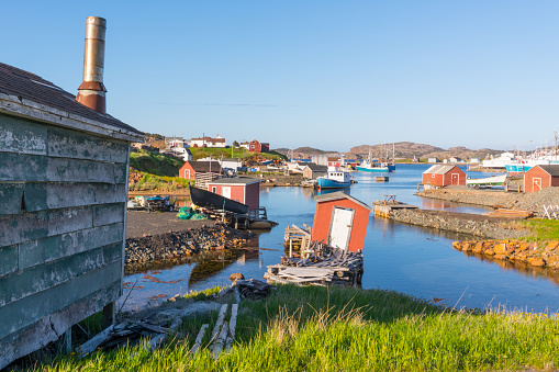 Boats and sheds in the harbor of Farmers Arm near Jenkins Cove, Newfoundland, Canada