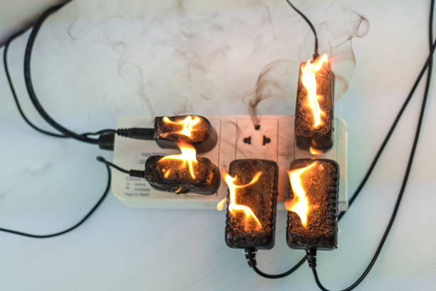 istock On fire adapter at plug Receptacle on white background, Electric short circuit failure resulting in electricity wire burnt 1164583397