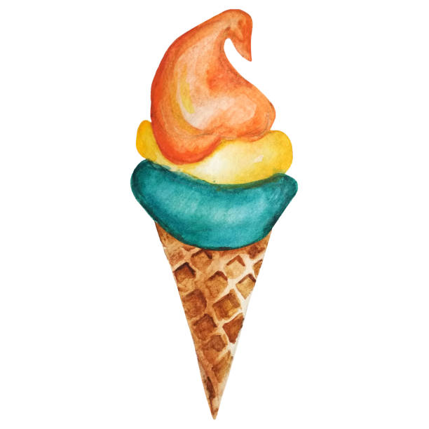 istock Watercolor hand drawn turquoise, yellow and orange ice cream in a waffle cone. 1164586124