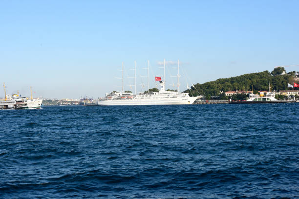 The biggest sailing ship of the world, came to Istanbul first time. Sailing ship in Istanbul bosphorus, Turkey. July 27, 2019