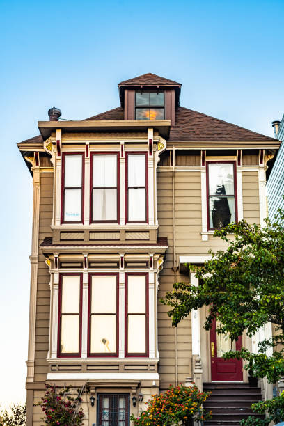 Charming Victorian style American home/ house/ townhouse/ duplex in San Francisco city, California. Front exterior view of a beautiful residence. Charming Victorian style American home/ house/ townhouse/ duplex in San Francisco city, California. Front exterior view of a beautiful residence. Modern architecture with vintage design appeal. duplex photos stock pictures, royalty-free photos & images