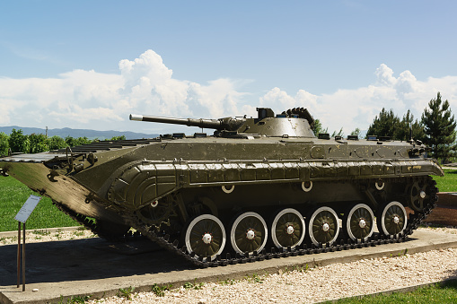 Memorial of memory and glory, Nazran, Ingushetia, Russia - June 02, 2019: BMP-1 - Soviet tracked infantry fighting vehicle - the worlds First serial floating infantry fighting vehicle floating. Museum exhibit