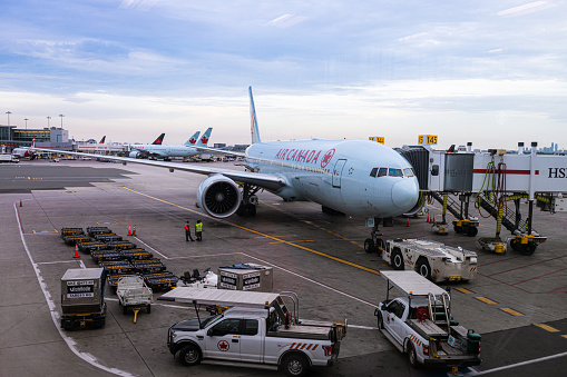 Toronto, Canada - July 16, 2019: An Air Canada Boeing airplane is being prepared to depart from Toronto Pearson International Airport (YYZ)