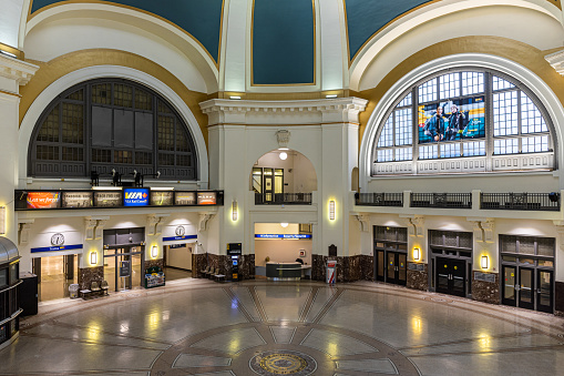 Winnipeg, Manitoba, Canada - July 19, 2019: The grand entrance hall of the Union Station inter-city railway station.