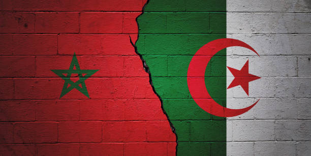 Morocco vs Algeria Cracked brick wall painted with a Moroccan flag on the left and a Algerian flag on the right. algeria stock pictures, royalty-free photos & images