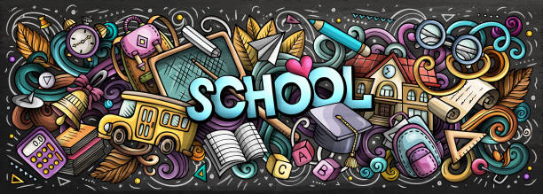 Cartoon cute doodles School word. Colorful illustration Cartoon cute doodles Back to School word. Colorful chalkboard horizontal illustration. Background with lots of separate objects. Funny vector artwork bus borders stock illustrations