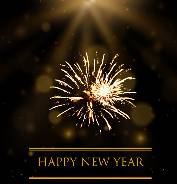 istock Fireworks with golden bokeh beam and Happy New Year text 1164593847