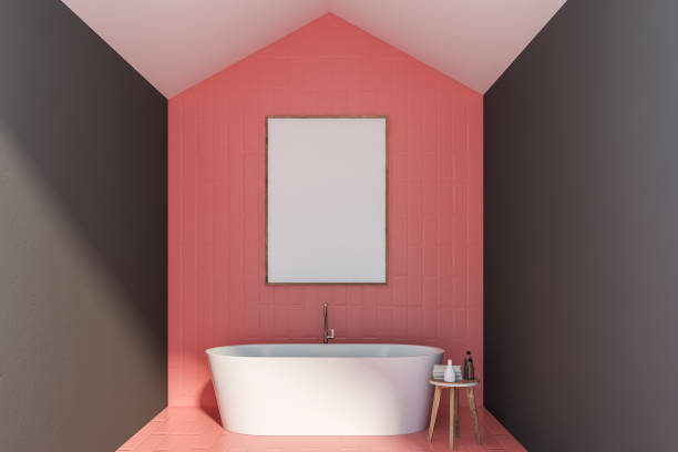 istock Pink and brown bathroom, tub and poster 1164595977