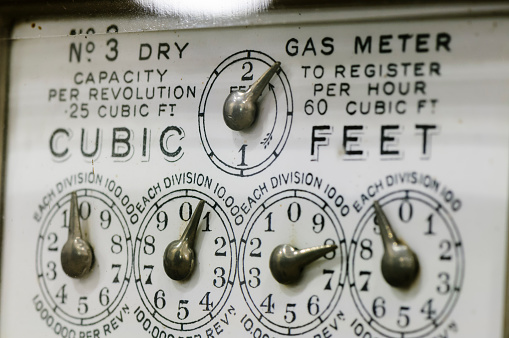 Close-up of dials on an old fashioned gas meter from the 1920s/1930s