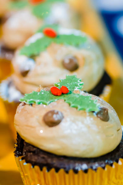weihnachten pudding cupcakes mit holly dekorationen - church religion spirituality holly stock-fotos und bilder