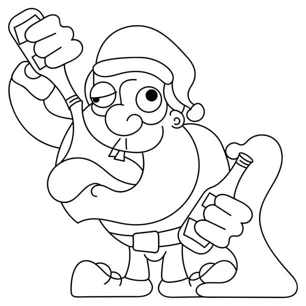 Vector illustration of Santa Dancing and Drinking Vector Cartoon - Drunk Claus holding a champagne bottle.