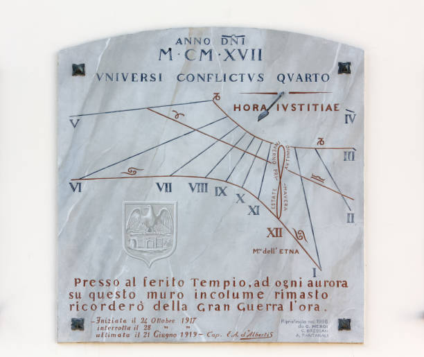 AQUILEIA, Italy - May 1, 2019: Marble sundial on the exterior wall of a building, with italian and latin inscriptions, memorial of the First World War