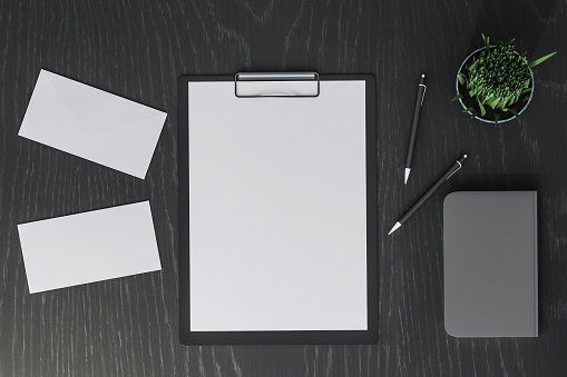 Top view of wooden desktop with empty supplies and decorative items. Mock up, 3D Rendering