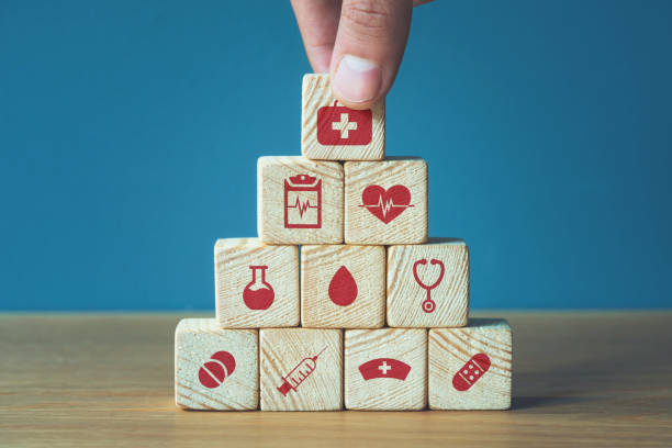 Hand arranging wood block stacking with icon healthcare medical, Insurance for your health concept Healthcare And Medicine, Safety, Medicine, Toy Block, Block Shape patient blood management stock pictures, royalty-free photos & images