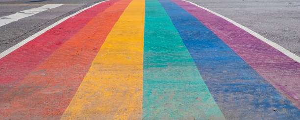 Close up of Pride Rainbow Sidewalk Crosswalk in downtown