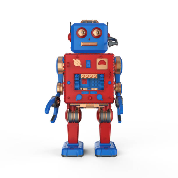 istock Red robot tin toy with headset 1164612259