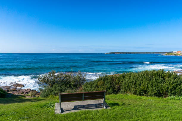 istock Ocean landscape with one bench on a cliff 1164612639
