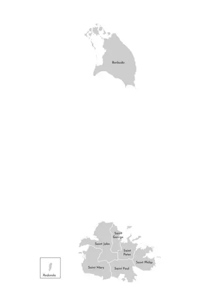Vector illustration of Vector isolated illustration of simplified administrative map of Antigua and Barbuda. Borders and names of the regions. Grey silhouettes. White outline
