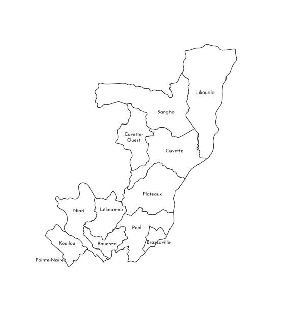 vektor isolierte abbildung der vereinfachten verwaltungskarte der republik kongo. grenzen und namen der abteilungen (regionen). schwarze liniensilhouetten - pointe noire stock-grafiken, -clipart, -cartoons und -symbole