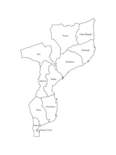 Vector illustration of Vector isolated illustration of simplified administrative map of Mozambique. Borders and names of the provinces (regions). Black line silhouettes