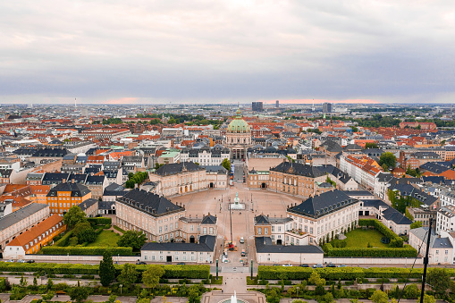 Aerial view of the Dome of Frederik's Church in Copenhagen during sunset