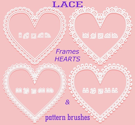 Set of lace frames in the form of a heart and corresponding pattern brushes on a pink background. Element for the design of wedding events, newborns and albums. Vector illustration.