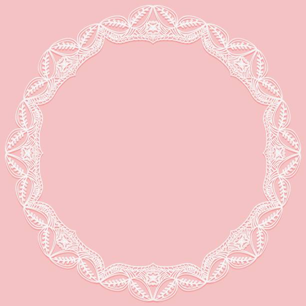 紙のレースが付いている円形のフレーム。レイシーホワイトとピンクの背景。 - lace frame点のイラスト素材／クリップアート素材／マンガ素材／アイコン素材