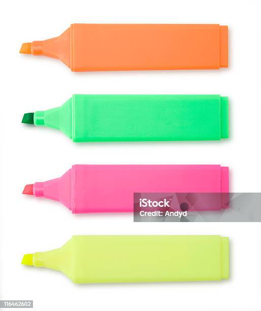 Marcatore Penne Gli Evidenziatori - Fotografie stock e altre immagini di Colore fluorescente - Colore fluorescente, Sfondo bianco, Arancione