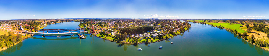 180 degrees panorama over Clarence river looping around Grafton town in flat plains of Norther NSW - centre of agriculture and sugar cane growth industry.