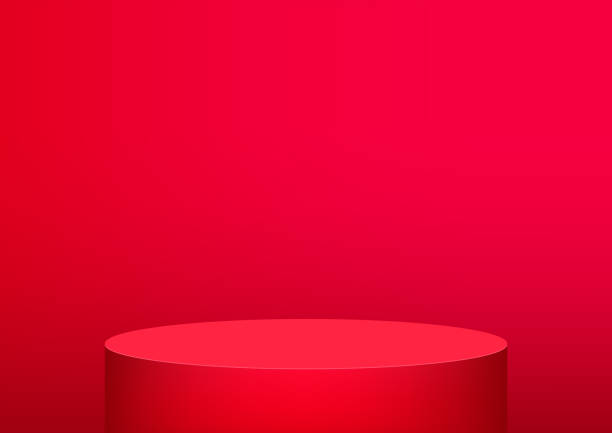 Empty podium studio red background for product display with copy space. Showroom shoot render. Banner background for advertise product. Empty podium studio red background for product display with copy space. Showroom shoot render. Banner background for advertise product. red backgrounds stock illustrations