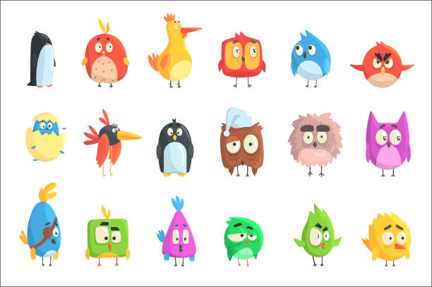 illustrations, cliparts, dessins animés et icônes de petit mignon oiseau poussins collection de personnages de dessin animé dans les formes géométriques, stylisés animaux mignons de bébé - animal young bird baby chicken chicken