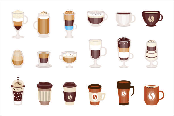 ilustrações de stock, clip art, desenhos animados e ícones de coffee hot and cold cocktails menu assortment of coffee shop cafe, set of isolated icons - caffeine drink coffee cafe
