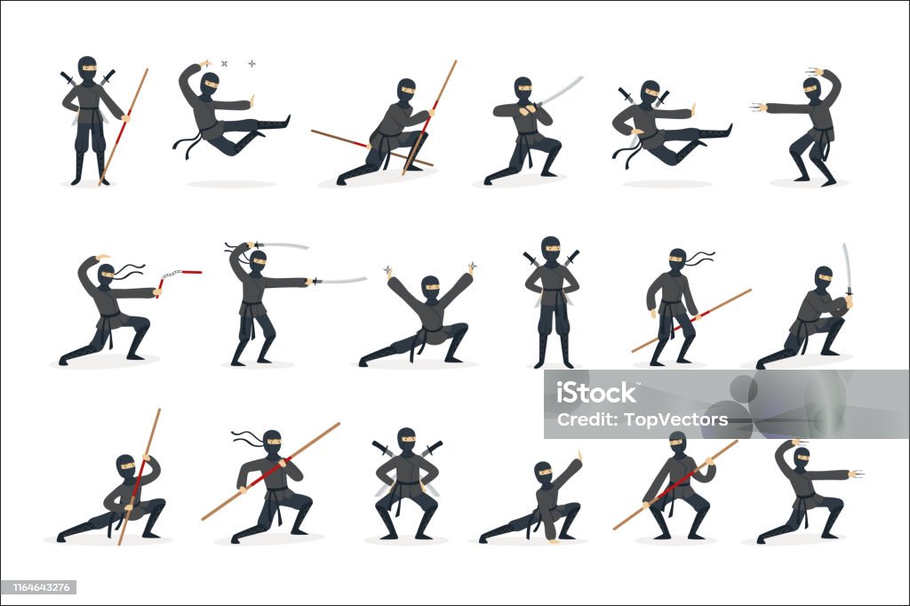 Vetores de Assassino De Ninja Japonês No Traje Preto Cheio Que Executa  Posturas Das Artes Marciais De Ninjitsu Com Armas Diferentes Jogo Das  Ilustrações e mais imagens de Ninja - iStock