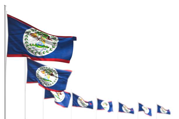 pretty Belize isolated flags placed diagonal, image with selective focus and space for text - any feast flag 3d illustration